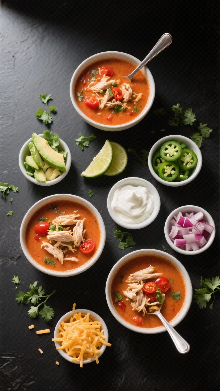 Overhead “toppings bar” top-down scene: An top view of ladled bowls of the finished soup alongsi