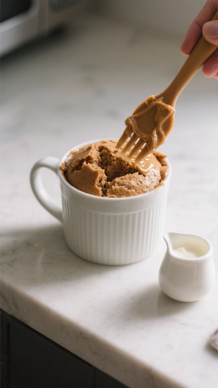 Process-in-action shot (cooked stage, pre-serve): Overhead shot of the mug cake just after microwavi