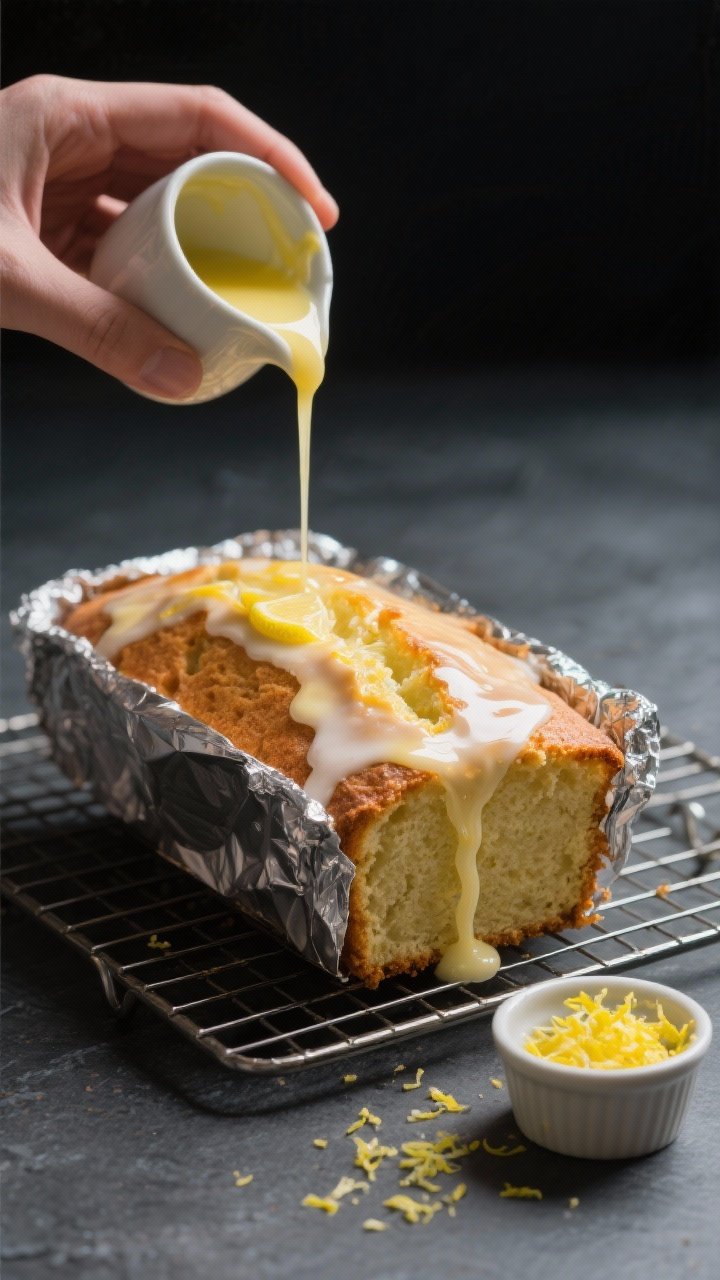 Process shot: the baked keto lemon loaf just turned out onto a wire rack and fully cooled, with the 