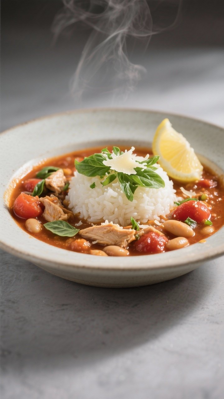Restaurant-style final plating: Tomato Basil Chicken Chili presented in a shallow rimmed bowl over a