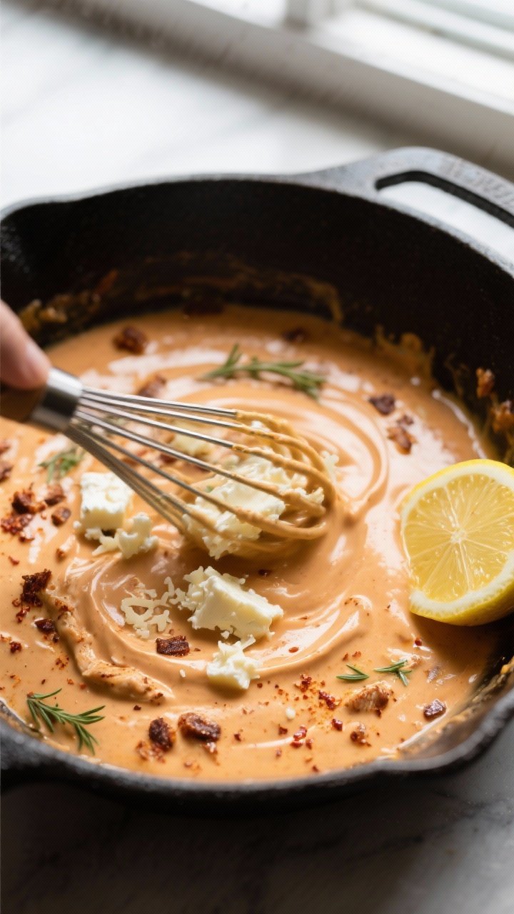 Sauce moment — Creamy deglaze and thicken: Overhead shot of the pan after deglazing with chicken b