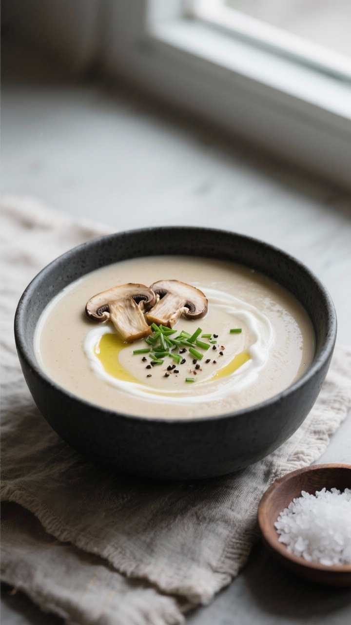 Silky blended soup beauty shot: Creamy keto mushroom soup ladled into a matte charcoal bowl, ultra-s