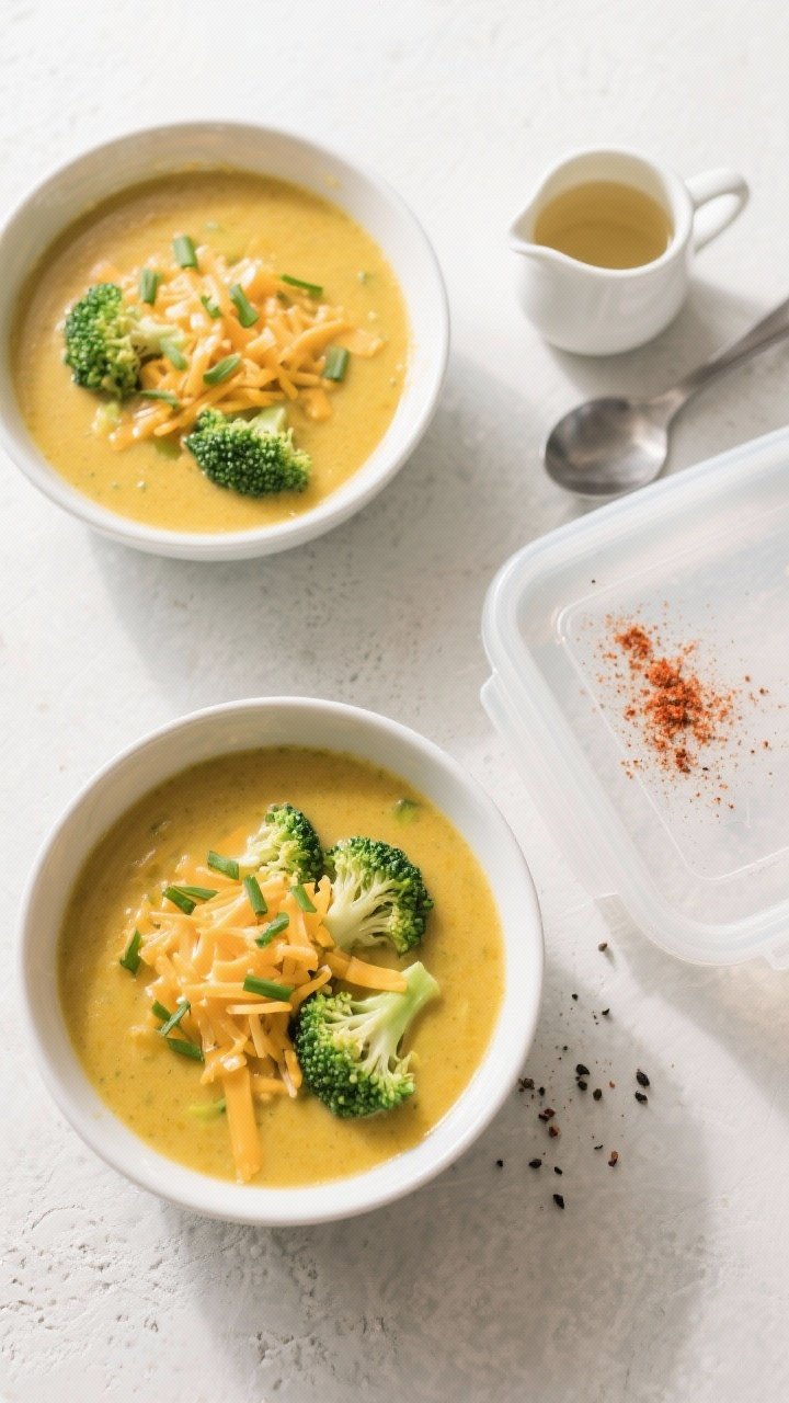 Tasty for meal prep: Overhead shot of two bowls and one storage container of Broccoli Cheddar Keto S