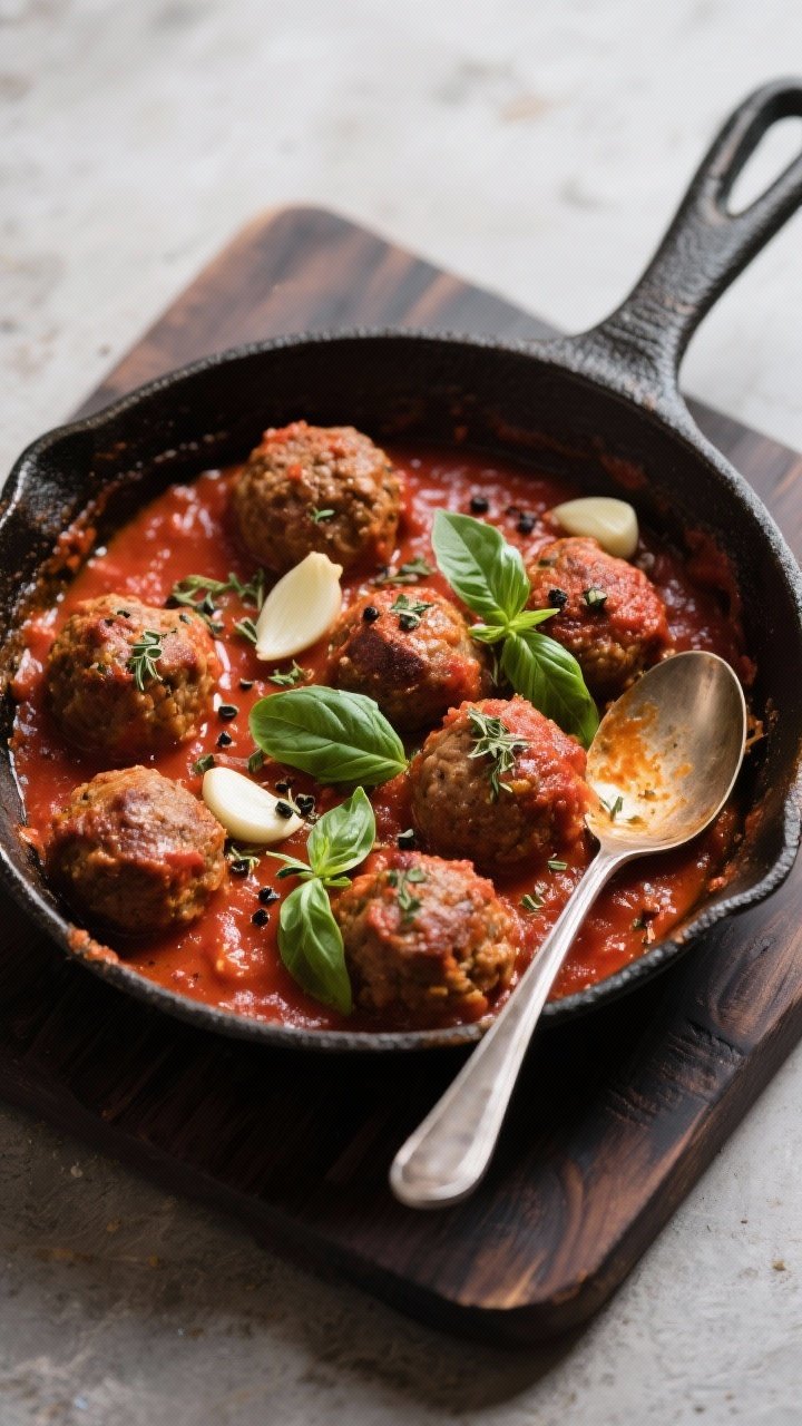 Tasty : Overhead shot of a rustic skillet filled with meatballs gently simmering in thickened tomato