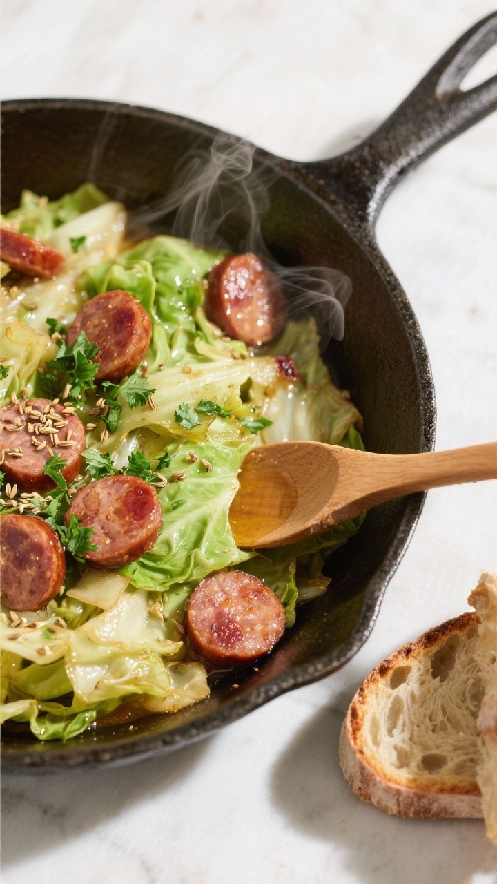 Tasty : Overhead shot of the Sausage and Cabbage Skillet just finished in the pan—tender sautéed 