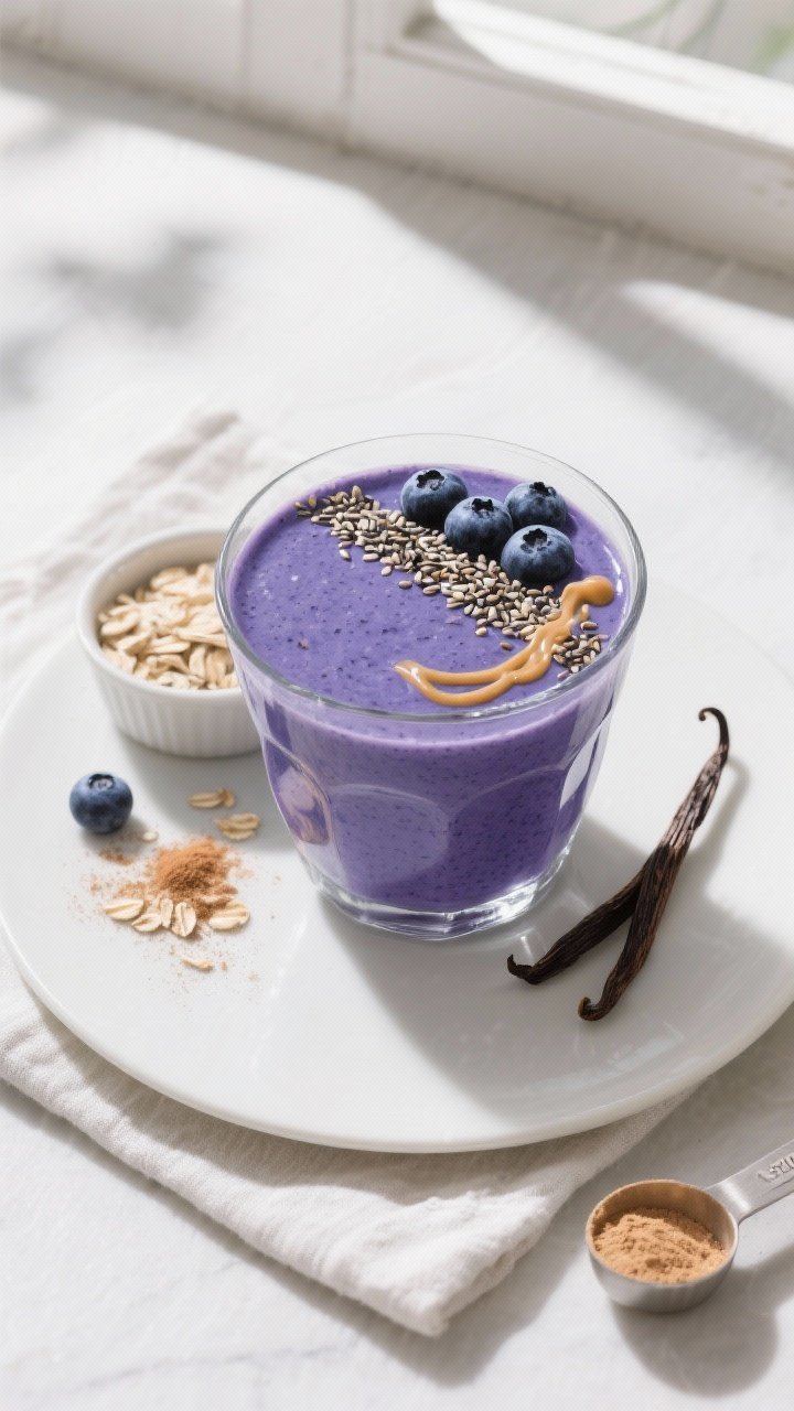 Tasty top-down final presentation: Overhead shot of a finished Blueberry Protein Smoothie With Oats