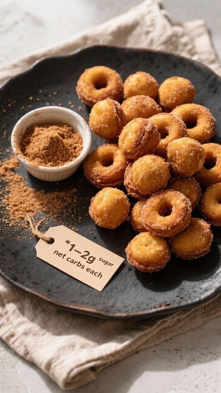 Tasty top-down final presentation: Overhead shot of a dark ceramic plate piled with keto cinnamon su