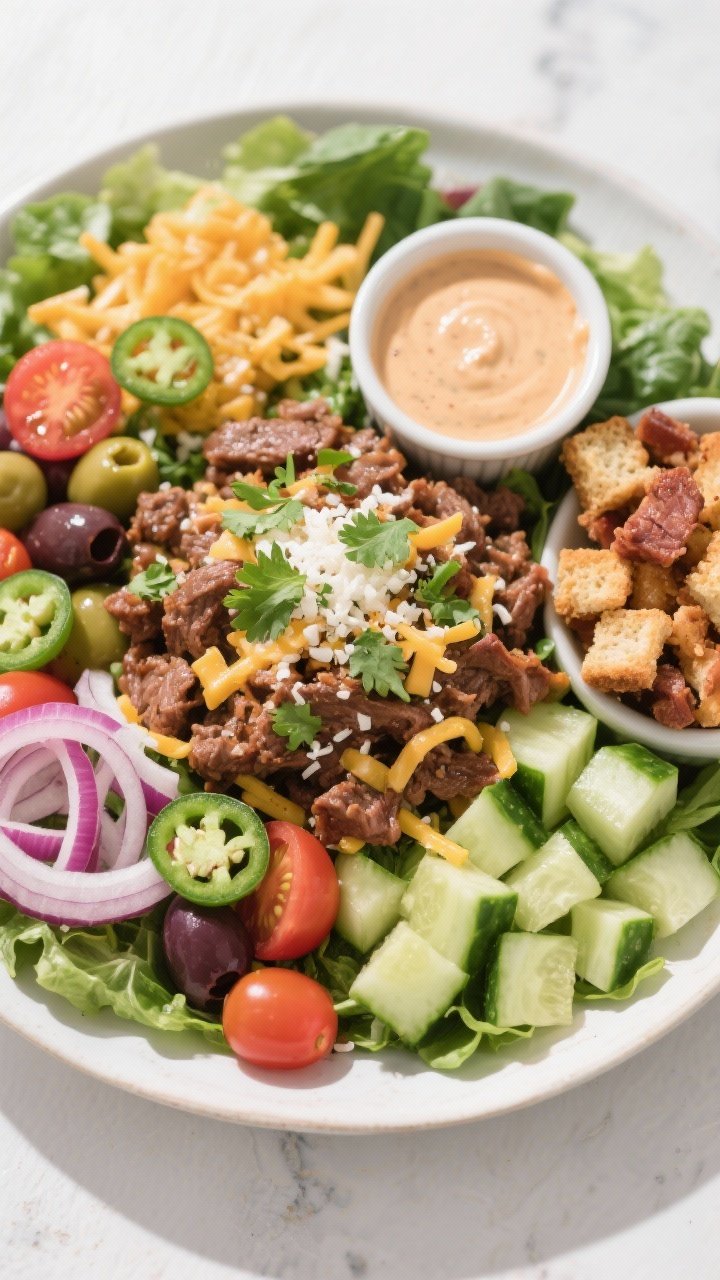 Tasty top-down meal-prep/assembly view: Overhead shot of the assembled salad just before serving—g