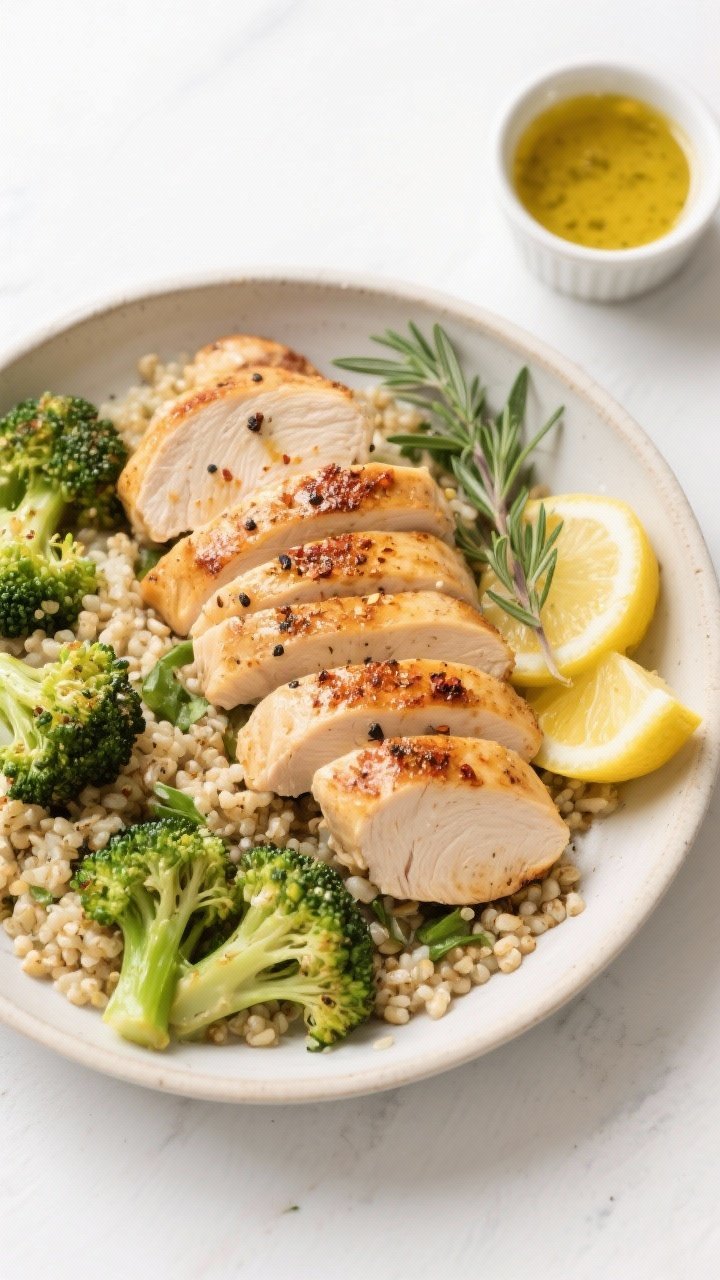 Tasty top-down meal-prep/serving shot: Overhead view of sliced pan-seared chicken tenderloins in a s
