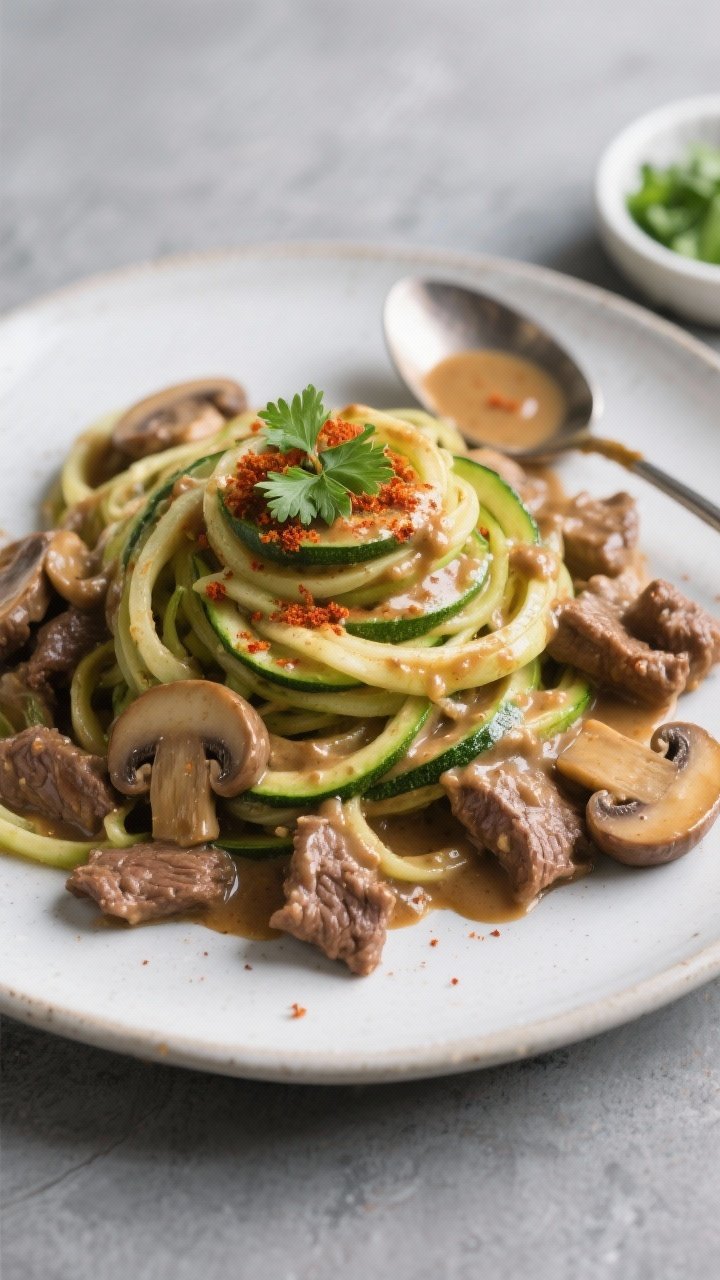 Tasty top-down shot: Overhead view of Beef Stroganoff over zucchini noodles (zoodles) twirled into a