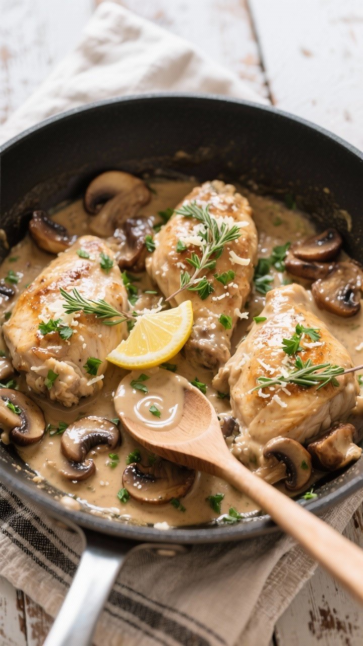 Tasty top-down skillet shot: Overhead view of the finished one-pan dish—chicken simmered to 165°F