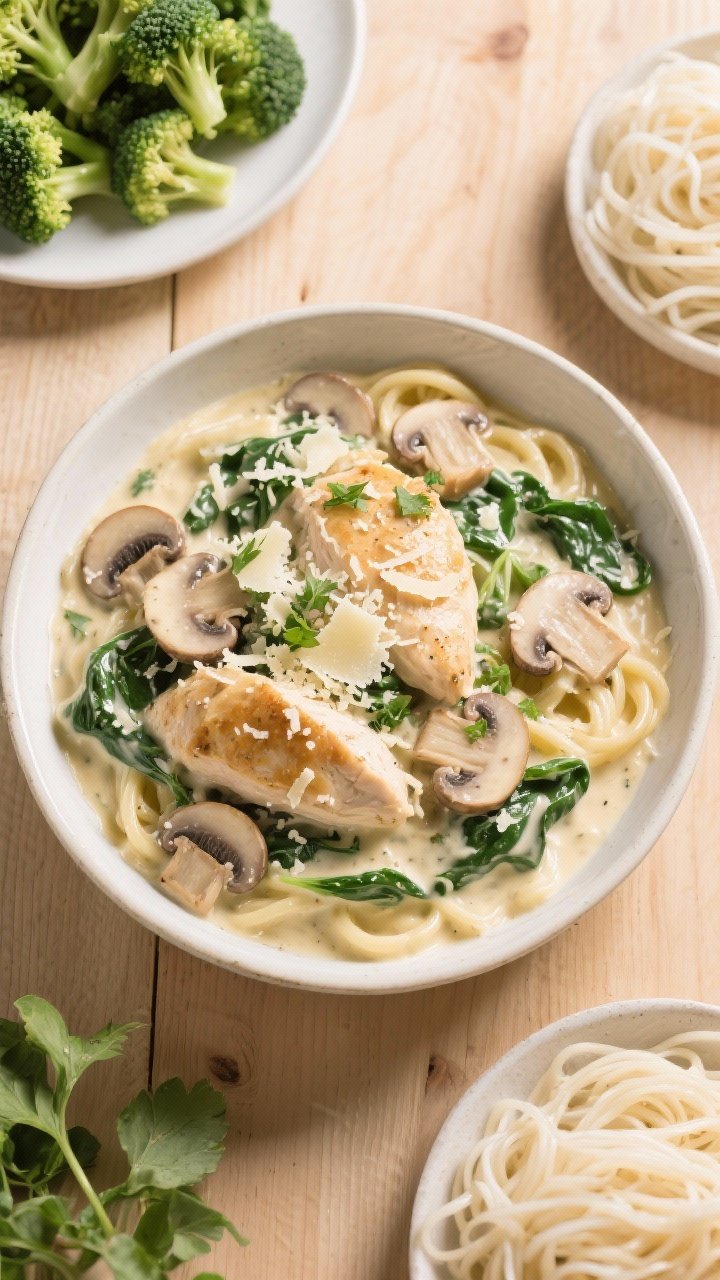 Tasty top-down variation: Overhead shot of a family-style serving bowl filled with creamy Chicken Al