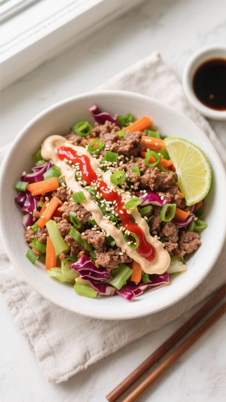 Tasty top view, bowl build: Overhead shot of the finished Ground Beef Egg Roll in a Bowl served in a