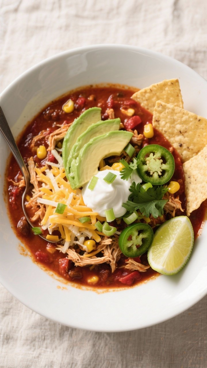 Tasty top view, final bowl: Overhead shot of a hearty bowl of shredded chicken chili, thick and spoo