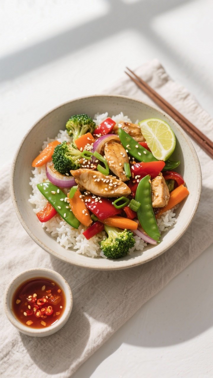 Tasty top view: Final Chicken & Veggie Stir-Fry Bowl plated over warm jasmine rice, overhead composi