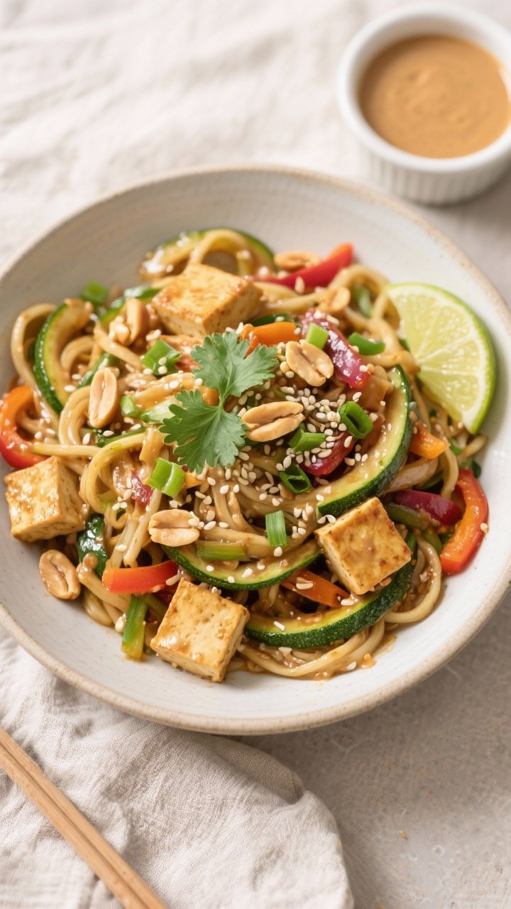 Tasty top view final dish: Overhead shot of a generously filled shallow bowl of Zucchini Noodle Stir