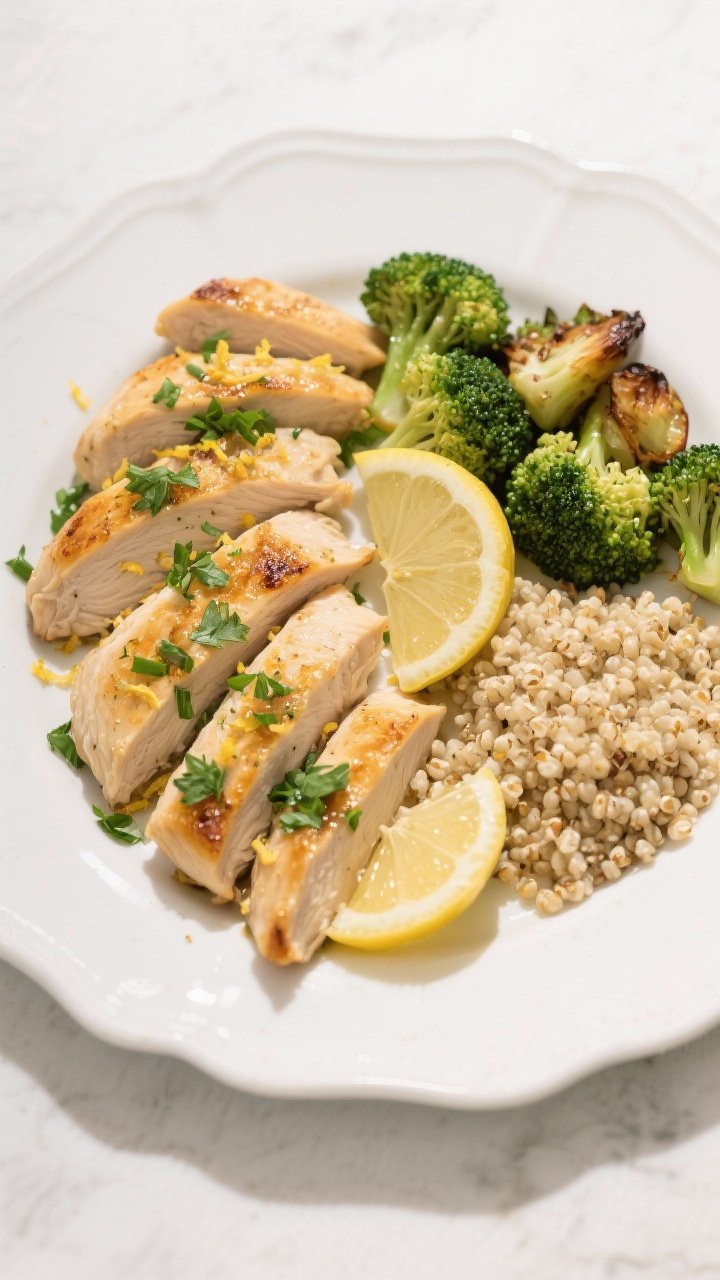 Tasty top view final dish: Overhead shot of plated Healthy Oven-Baked Chicken Tenderloins on a white