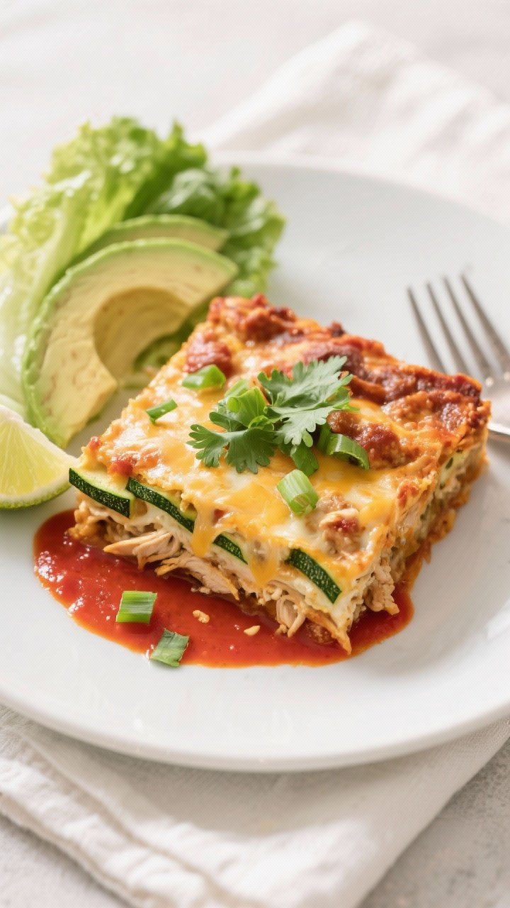Tasty top-view final plate: overhead shot of a neatly sliced square of Keto Chicken Enchilada Casser