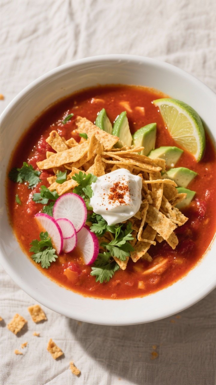 Tasty top view, final presentation: Overhead shot of a generously filled bowl of vegan tortilla soup