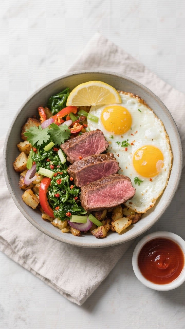 Tasty top view, final presentation: Overhead shot of a Steak and Egg Breakfast Bowl assembled on a m