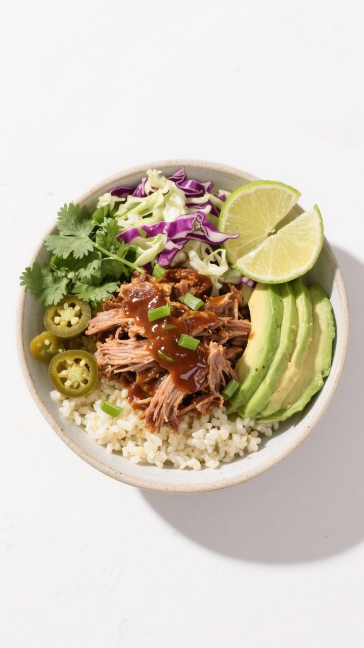 Tasty top view: Fully assembled Keto BBQ Pulled Pork Bowl, overhead shot on a light ceramic bowl—b