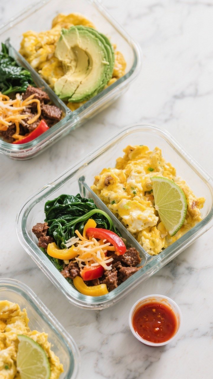 Tasty top view, meal-prep focus: Overhead shot of the finished scramble portioned into neat glass me