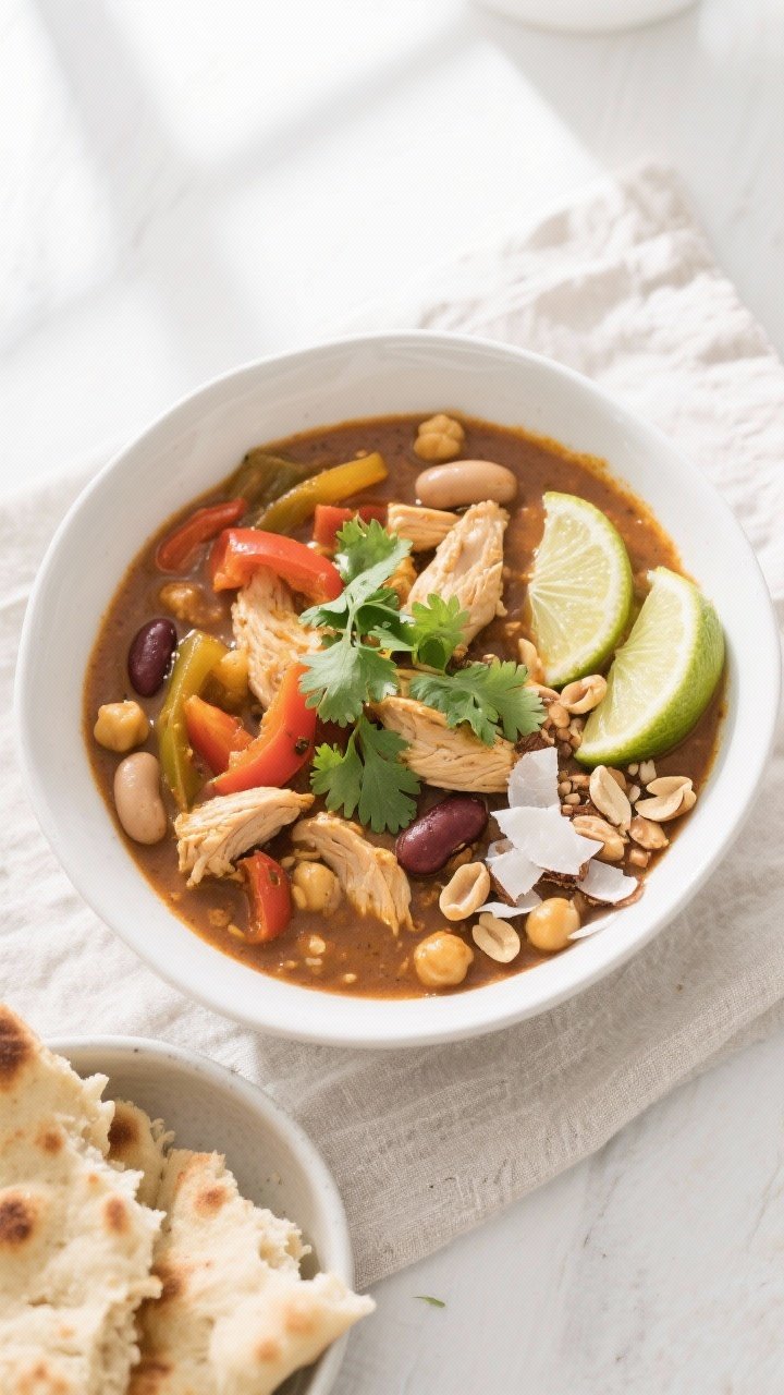 Tasty top view, overhead bowl: Overhead shot of Coconut Curry Chicken Chili served in a wide white b