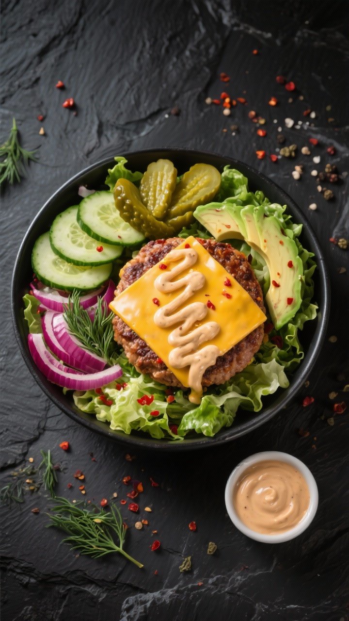 Tasty top view: Overhead burger bowl on a dark slate surface—chopped romaine base topped with a sl
