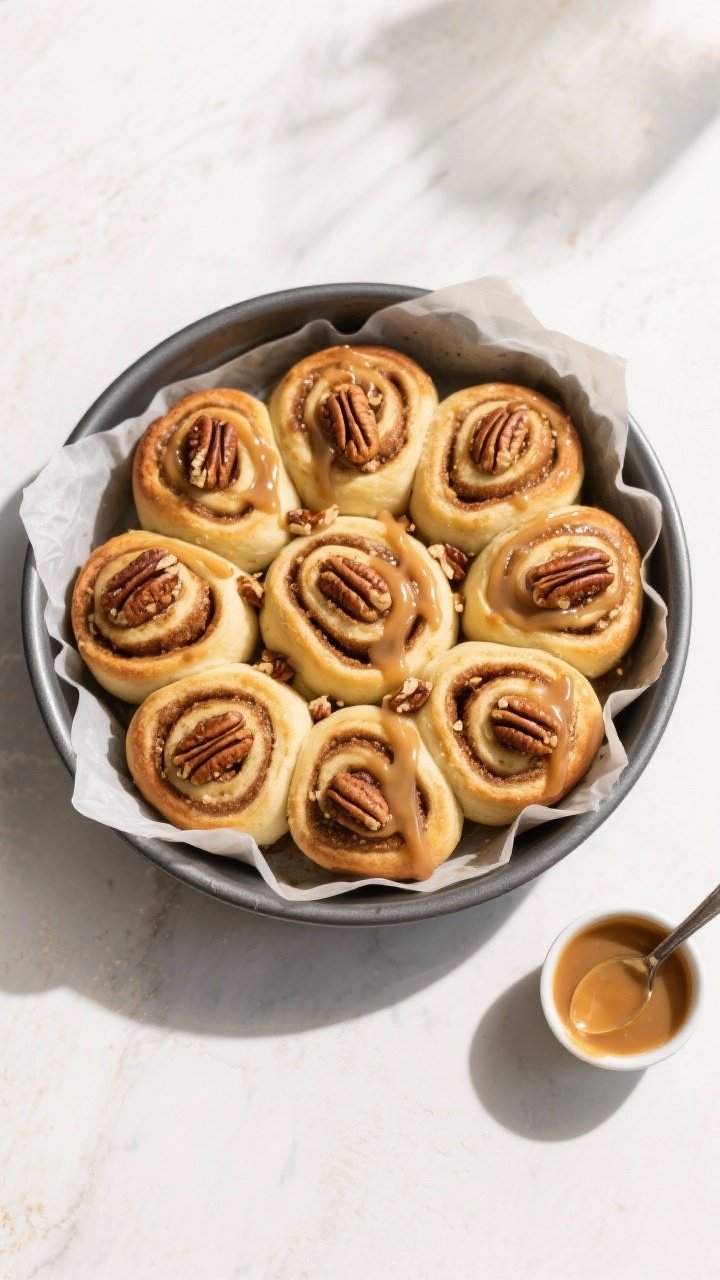 Tasty top view: Overhead shot of 9 keto cinnamon rolls arranged snugly in a parchment-lined 9-inch r