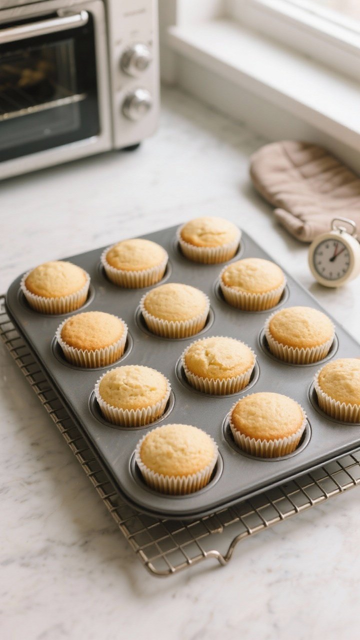 Tasty top view: Overhead shot of a 12-cup muffin tin filled with baked, unfrosted keto vanilla cupca