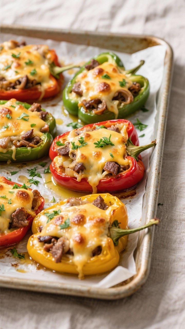 Tasty top view: Overhead shot of a baking tray of finished Philly Cheesesteak Stuffed Peppers, chees