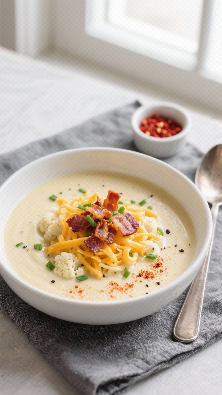 Tasty top view: Overhead shot of a bowl of Cheesy Keto Cauliflower Soup finished off the heat, ultra