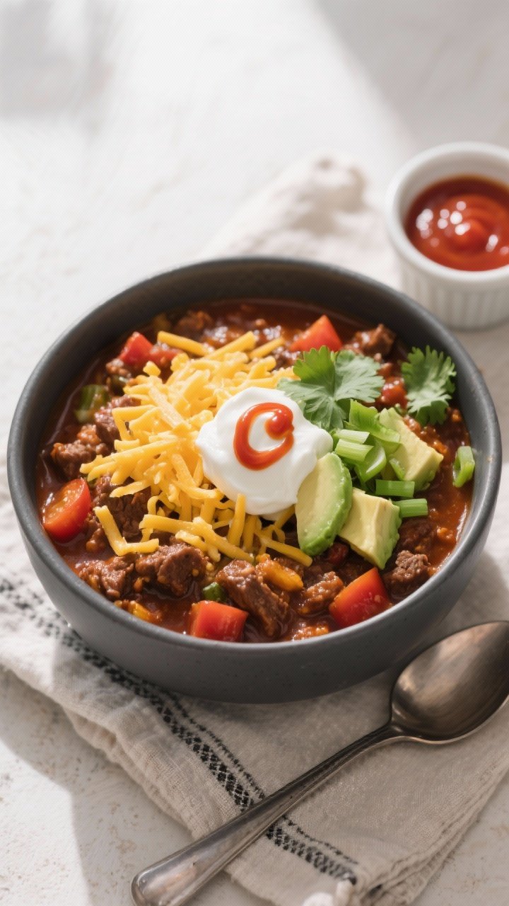 Tasty top view: Overhead shot of a bowl of finished low carb chili, thick and chunky with beef, pepp