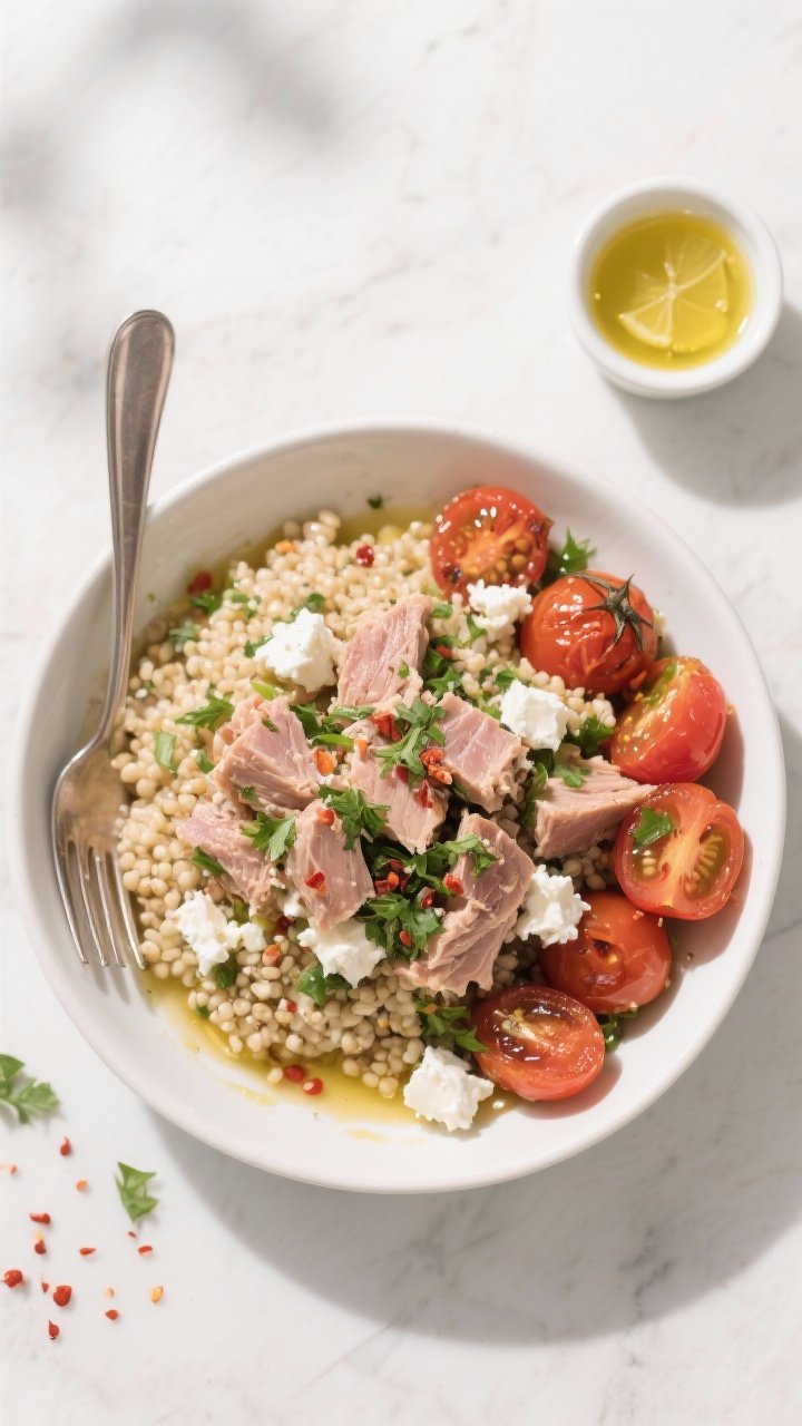 Tasty top view: Overhead shot of a grain bowl variation—Mediterranean tuna salad spooned over fluf