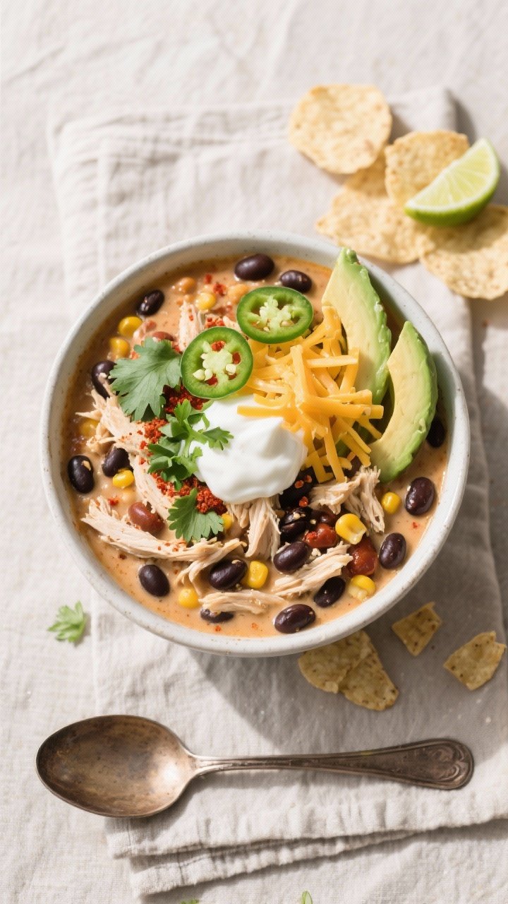 Tasty top view: Overhead shot of a hearty bowl of Ranch Chicken Chili, richly creamy with visible sh