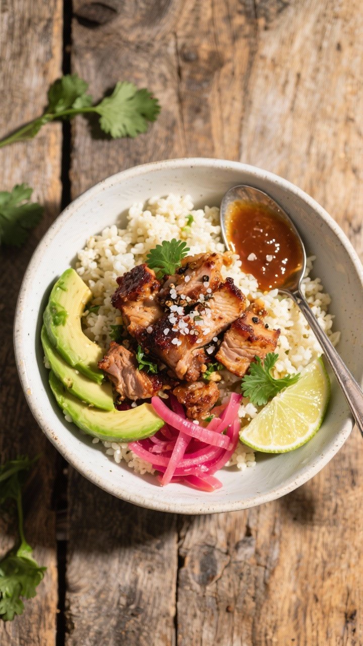Tasty top view: Overhead shot of a keto carnitas cauliflower rice bowl—fluffy cauliflower rice top