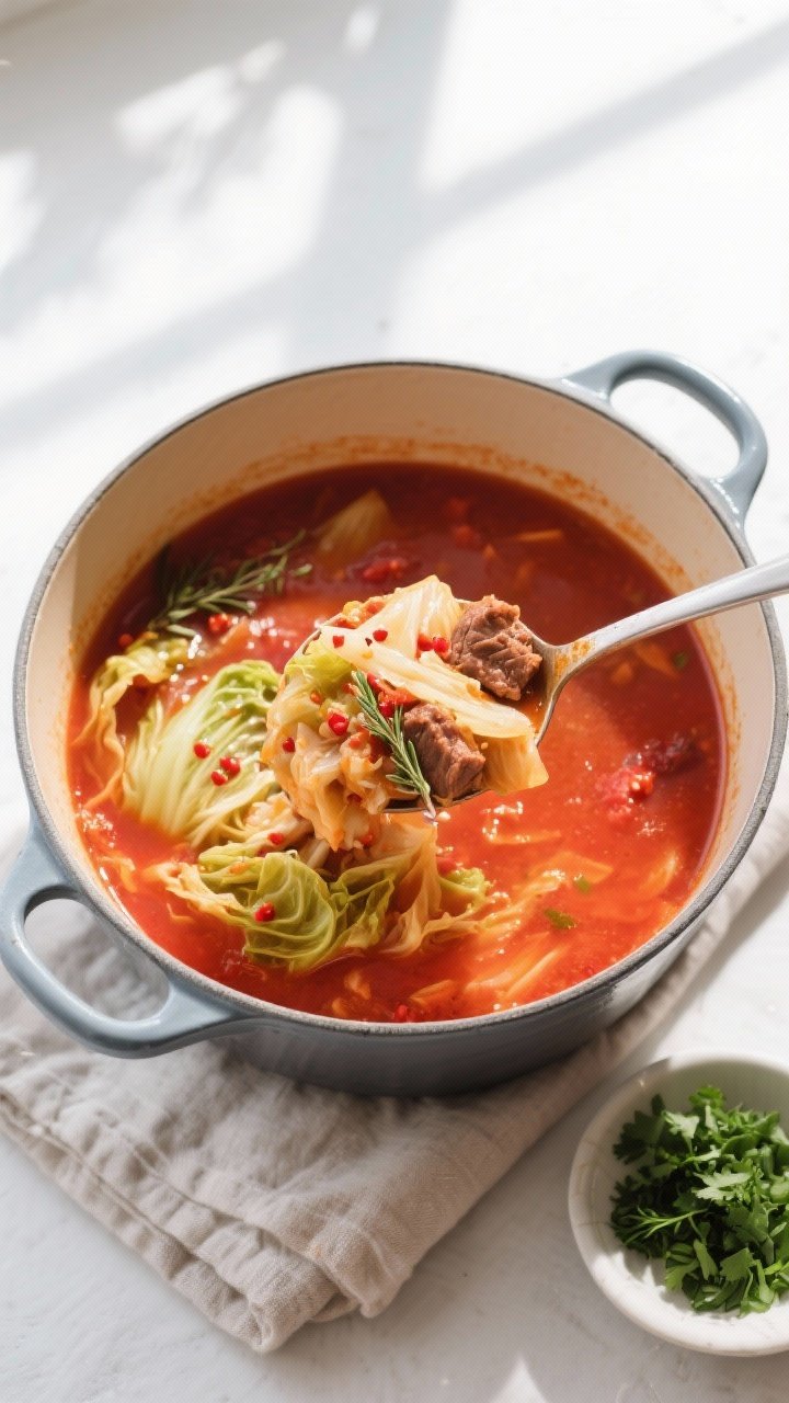 Tasty top view: Overhead shot of a ladle hovering above the pot, scooping a hearty portion of the fi