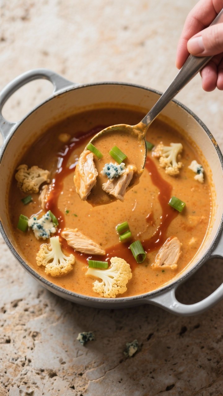 Tasty top view: Overhead shot of a ladle lifting the finished soup from the pot, capturing the gloss