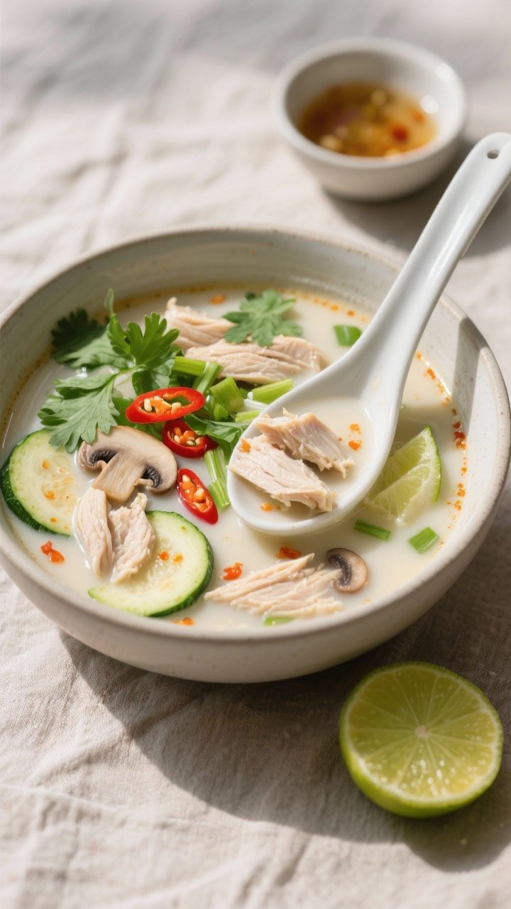 Tasty top view: Overhead shot of a ladled bowl of Keto Thai Coconut Chicken Soup, showcasing a cream