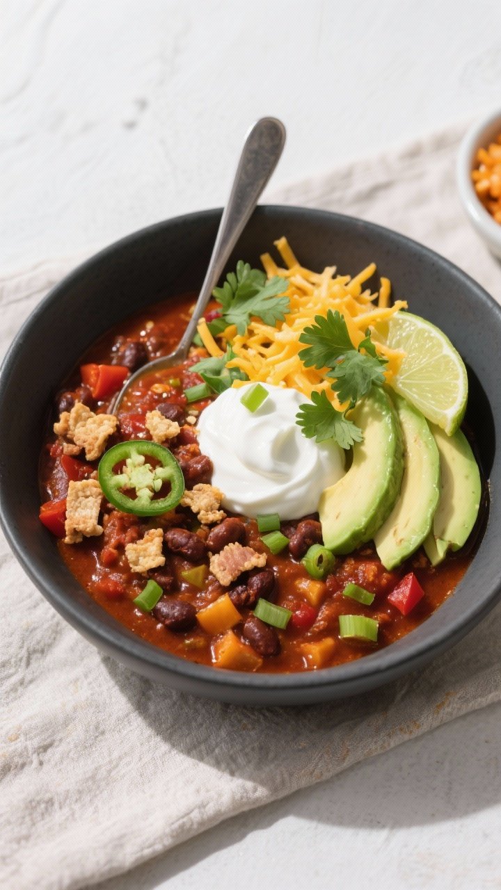 Tasty top view: Overhead shot of a ladled bowl of spicy keto chili, richly red-brown and chunky, top