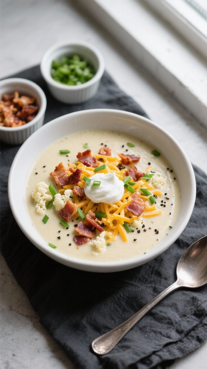 Tasty top view: Overhead shot of a loaded bowl of keto cauliflower soup, thick and creamy, topped ge