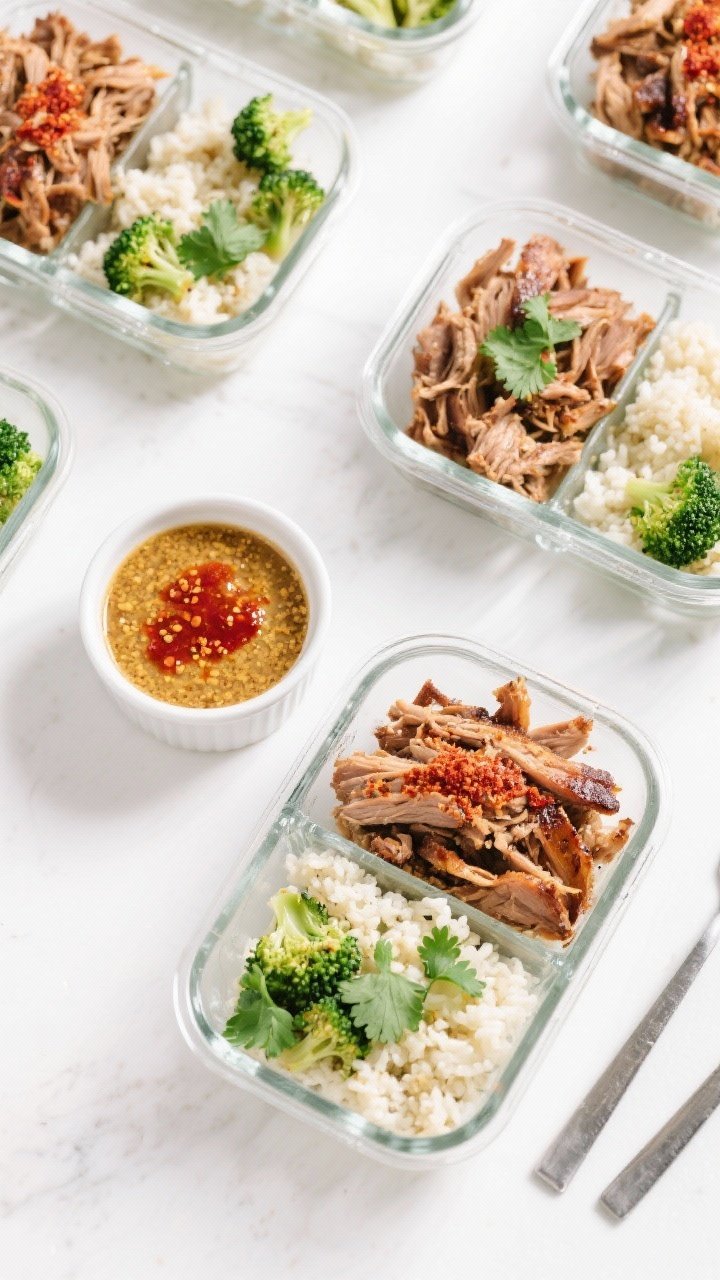 Tasty top view: Overhead shot of a meal-prep spread—pulled pork portioned into glass containers ov