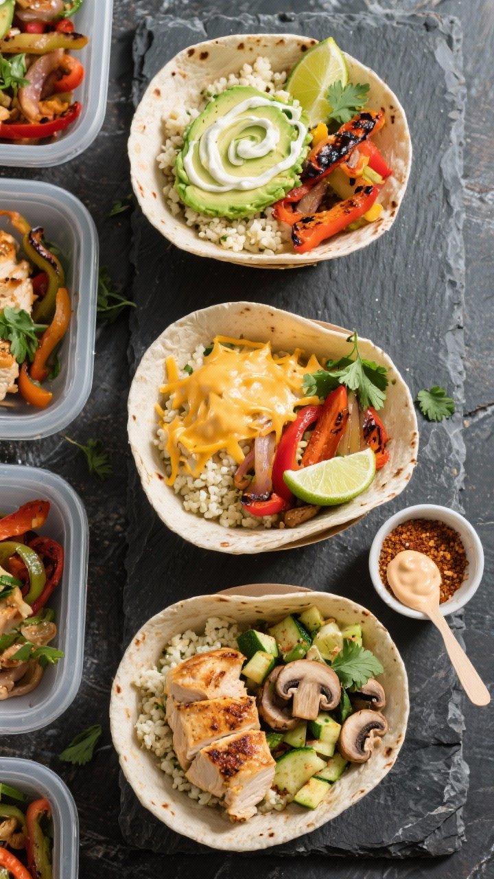 Tasty top view: Overhead shot of a meal-prep spread—three open keto fajita bowls arranged grid-sty