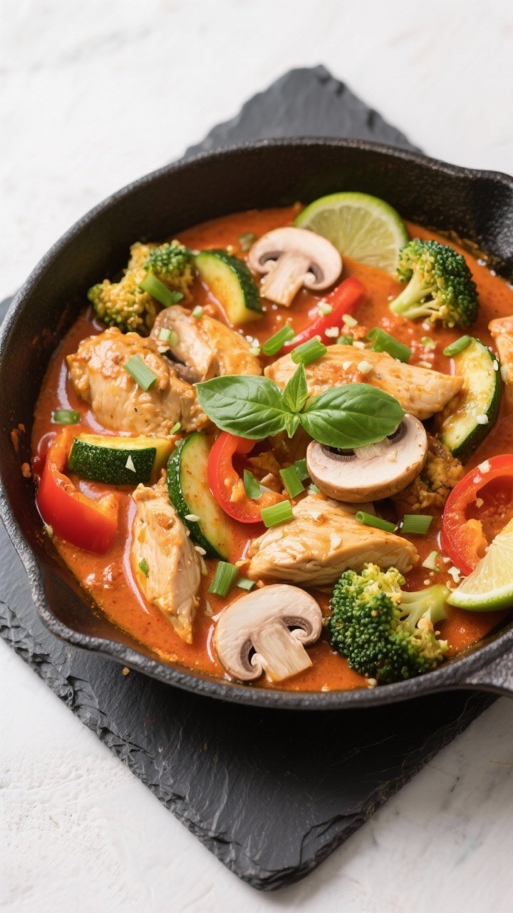 Tasty top view: Overhead shot of a one-pan Thai curry keto chicken just off the heat, showing an eve