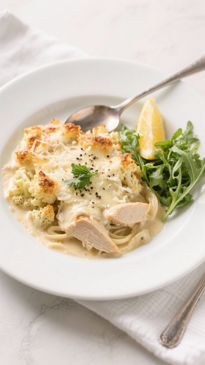 Tasty top view: Overhead shot of a plated serving of Low-Carb Chicken Alfredo Bake featuring roasted