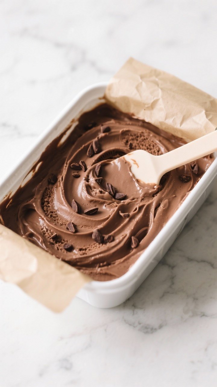 Tasty top view — Overhead shot of a rectangular lidded container just opened, showing freshly chur