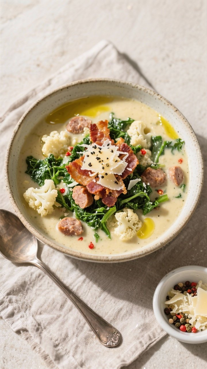 Tasty top view: Overhead shot of a rustic bowl of Keto Zuppa Toscana, creamy pale-golden broth studd