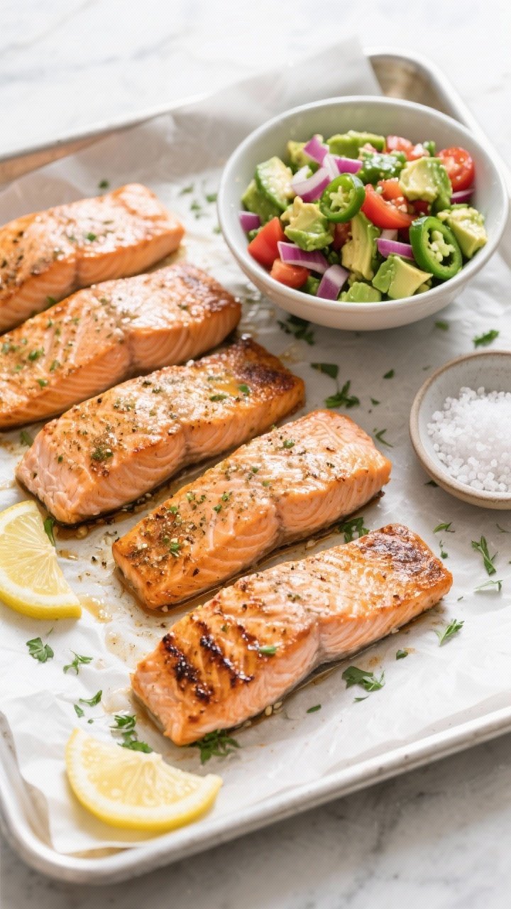 Tasty top view: Overhead shot of a weeknight-friendly spread—four seasoned, roasted salmon fillets