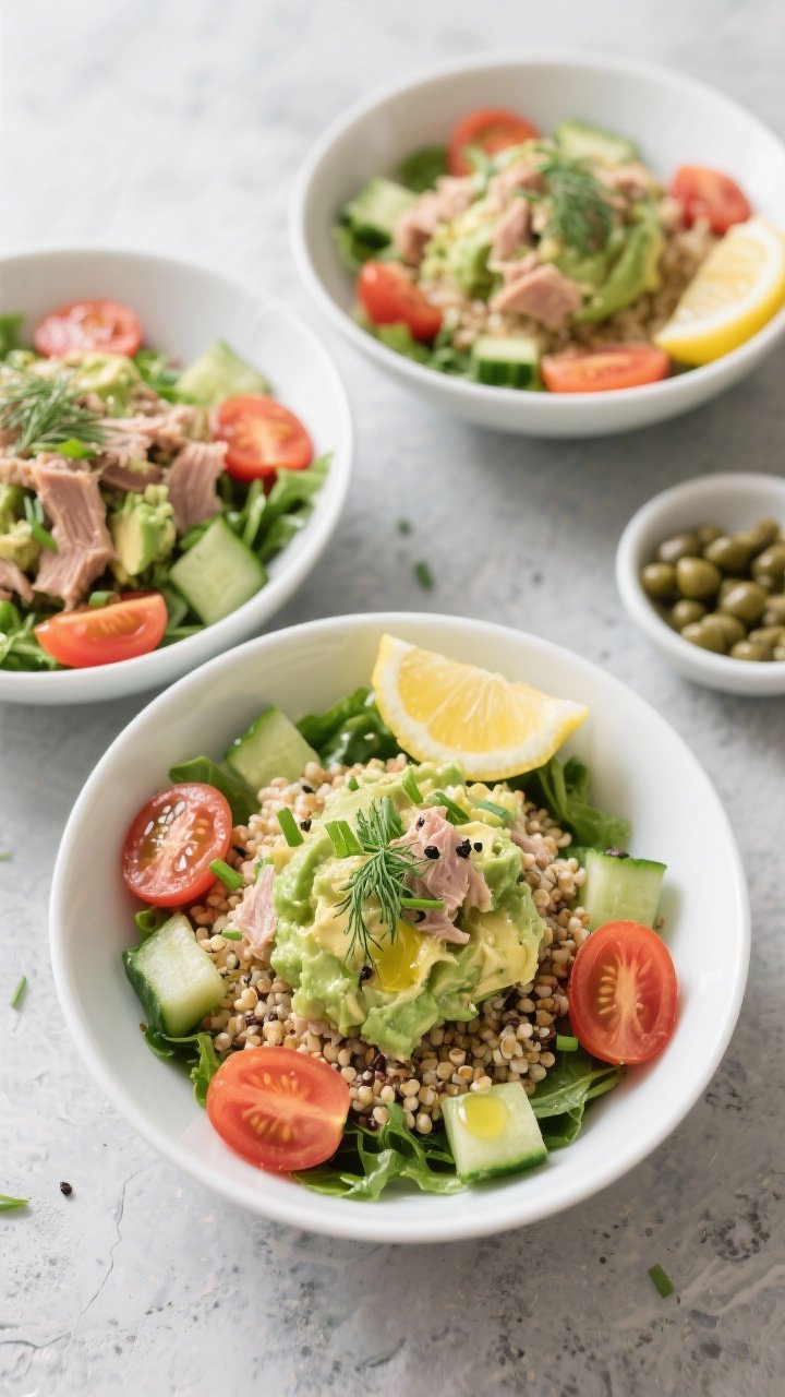 Tasty top view: Overhead shot of assembled Avocado Tuna Salad Bowls—mixed greens and a warm scoop 