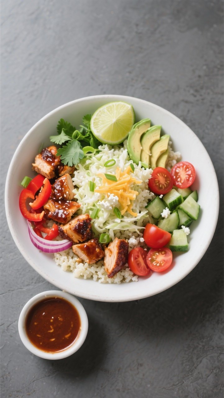 Tasty top view: Overhead shot of assembled Keto BBQ Chicken Bowl—fluffy sautéed cauliflower rice 